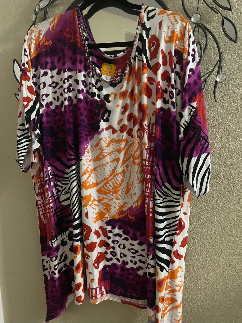 Ruby Rd. Mixed Animal Print Short Sleeve Tunic in Purple, Orange & White
